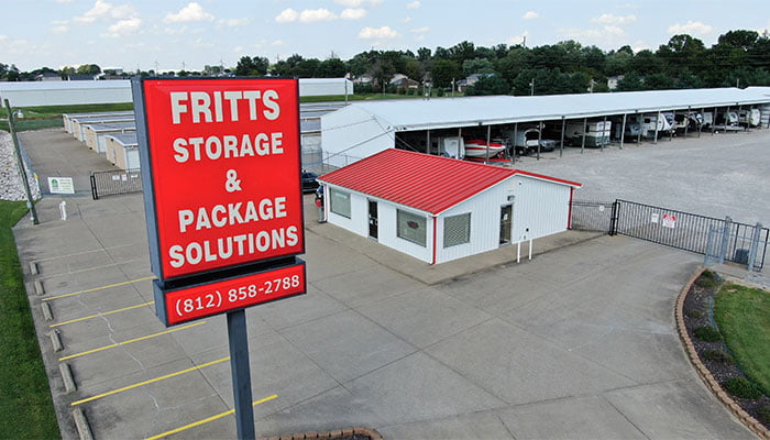 Close up photo of the Fritts Storage entry sign and building
